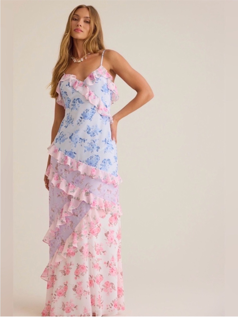 Altar’d State Floral Ruffle Maxi Dress in Pink and Blue (NWT)